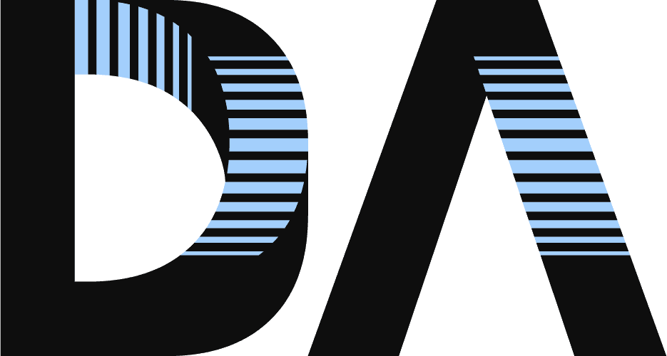 Stylized DA logo in black with light blue vertical and diagonal stripes.